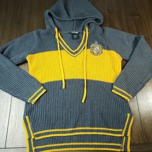 Harry Potter Hufflepuff Knit Sweater Womens Small V Neck Hooded Spell Out Patch